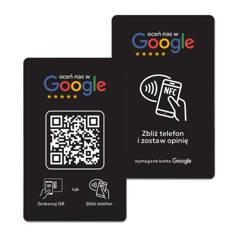 Plastikowa karta, wizytówka z kodem QR i tagiem NFC do zbierania opinii w Google, czarna