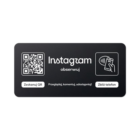 Tabliczka na drzwi lub ścianę z kodem QR i tagiem NFC do pozyskiwania obserwujących Instagram, czarna