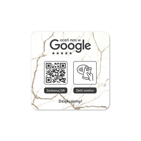 Podkładka na blat lub ladę z kodem QR i tagiem NFC do zbierania opinii w Google, jasny marmur