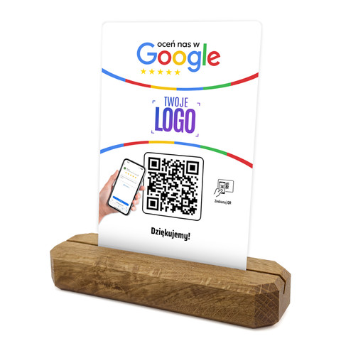 Stojak, metalowa karta z QR i Twoim logo do zbierania opinii w Google, podkład dębowy, biała