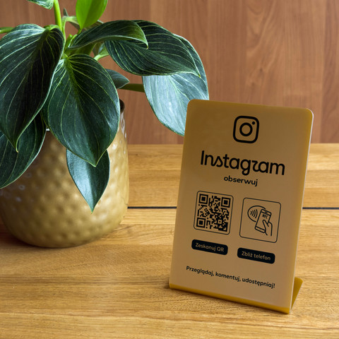 Stojak, prezenter gięty z QR i NFC do pozyskiwania obserwujących Instagram, złoty, wzór 1