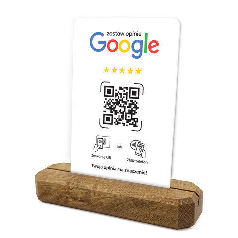 Stojak, prezenter z QR i NFC do zbierania opinii w Google, podstawa drewniana, biały, wzór 4