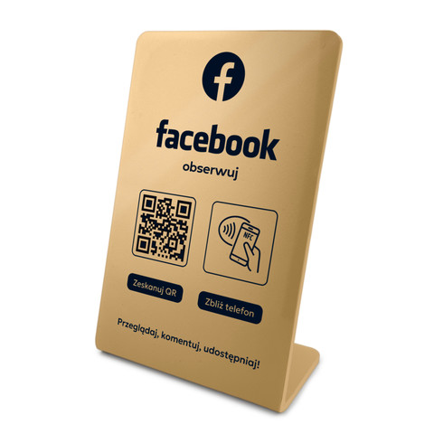 Stojak, prezenter gięty z QR i NFC do pozyskiwania obserwujących Facebook, złoty, wzór 1