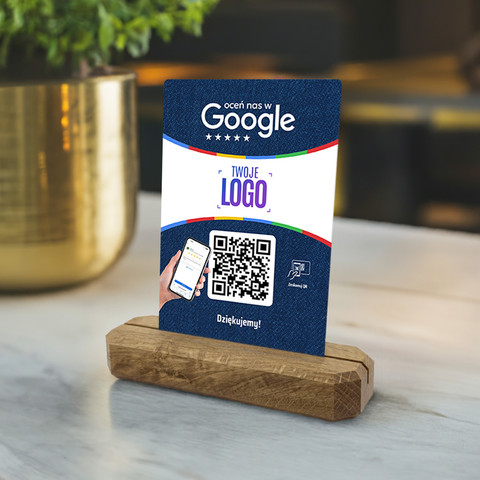 Stojak, metalowa karta z QR i Twoim logo do zbierania opinii w Google, podkład dębowy, niebieska