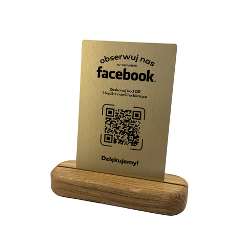 Metalowa karta z kodem QR do pozyskiwania obserwujących, Facebook, złota, prezenter stojący, 10 cm x 15 cm, podkład dębowy