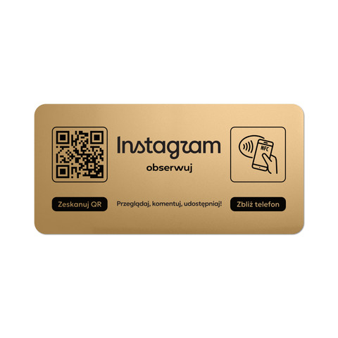 Tabliczka na drzwi lub ścianę z kodem QR i tagiem NFC do pozyskiwania obserwujących Instagram, złota