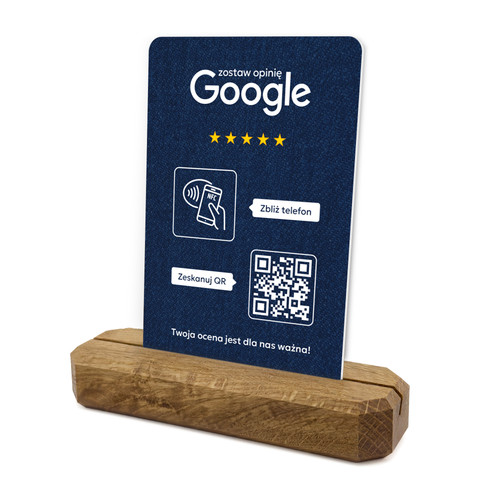 Stojak, prezenter z QR i NFC do zbierania opinii w Google, podstawa drewniana, niebieski, wzór 2
