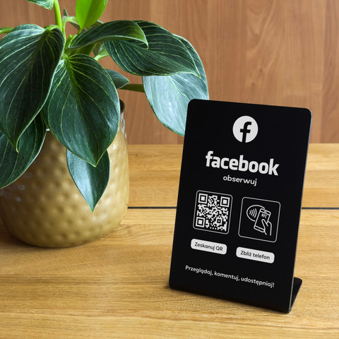 Stojak, prezenter gięty z QR i NFC do pozyskiwania obserwujących Facebook, czarny, wzór 1