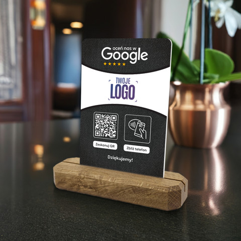 Stojak, prezenter z QR, NFC i logo firmy do zbierania opinii w Google, podkład dębowy, ciemnoszary