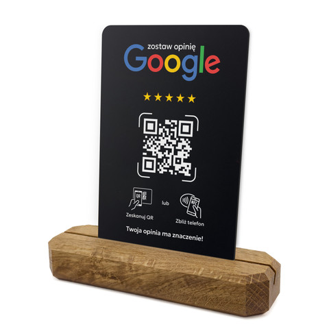 Stojak, prezenter z QR i NFC do zbierania opinii w Google, podstawa drewniana, czarny, wzór 4