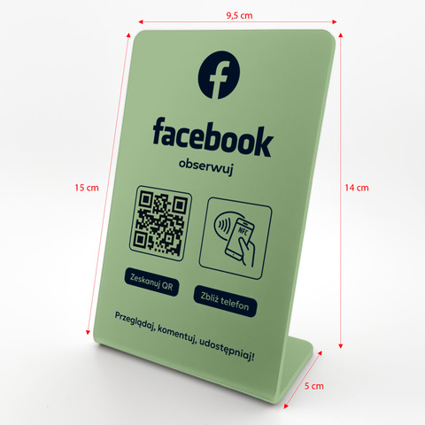 Stojak, prezenter gięty z QR i NFC do pozyskiwania obserwujących Facebook, oliwkowy, wzór 1