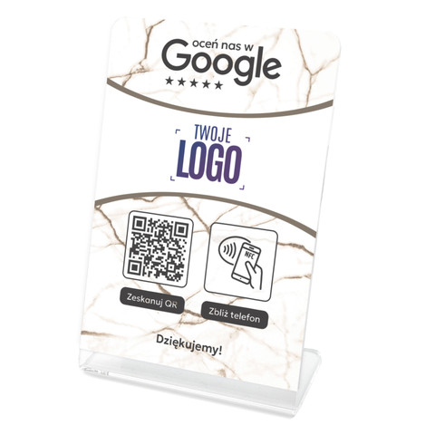 Stojak, prezenter gięty z QR, NFC i logo firmy do zbierania opinii w Google, jasny marmur