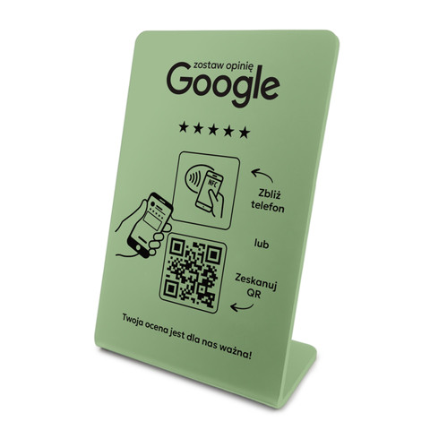 Stojak, prezenter gięty z QR i NFC do zbierania opinii w Google, oliwkowy, wzór 1
