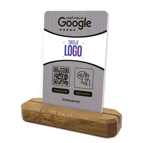 Stojak, prezenter z QR, NFC i logo firmy do zbierania opinii w Google, podstawa drewniana, szary