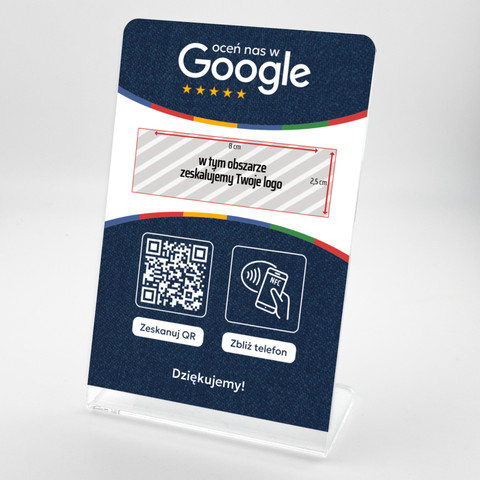 Stojak, prezenter gięty z QR, NFC i logo firmy do zbierania opinii w Google, niebieski