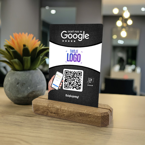 Stojak, metalowa karta z QR i Twoim logo do zbierania opinii w Google, podkład dębowy, czarna