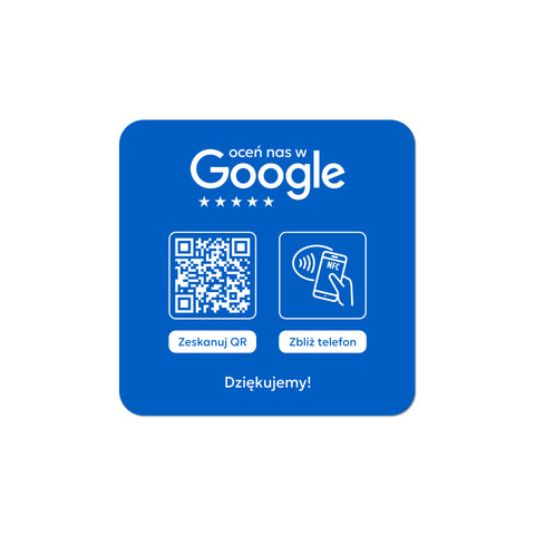 Podkładka na blat lub ladę z kodem QR i tagiem NFC do zbierania opinii w Google, jasnoniebieska
