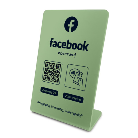 Stojak, prezenter gięty z QR i NFC do pozyskiwania obserwujących Facebook, oliwkowy, wzór 1