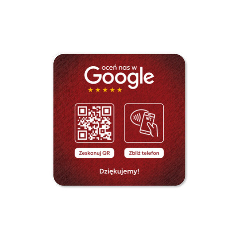 Podkładka na blat lub ladę z kodem QR i tagiem NFC do zbierania opinii w Google, czerwona