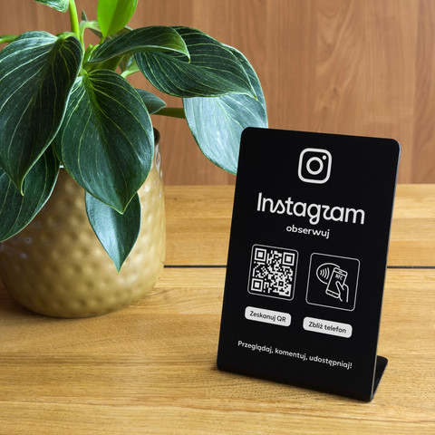 Stojak, prezenter gięty z QR i NFC do pozyskiwania obserwujących Instagram, czarny, wzór 1