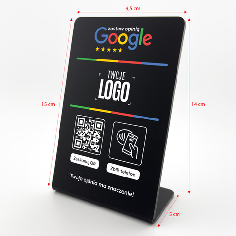 Stojak, prezenter gięty z QR, NFC i logo firmy do zbierania opinii w Google, czarny, wzór 3