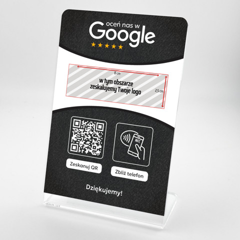 Stojak, prezenter gięty z QR, NFC i logo firmy do zbierania opinii w Google, ciemnoszary