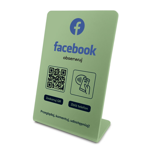 Stojak, prezenter gięty z QR i NFC do pozyskiwania obserwujących Facebook, oliwkowy, wzór 1