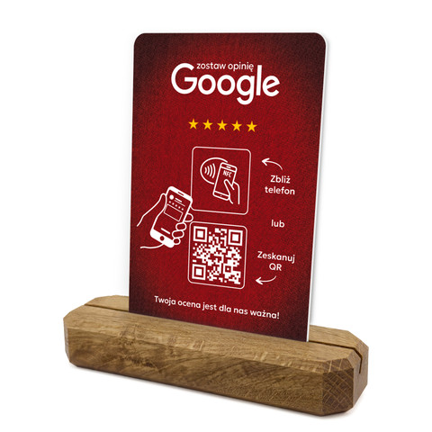 Stojak, prezenter z QR i NFC do zbierania opinii w Google, podstawa drewniana, czerwony, wzór 1