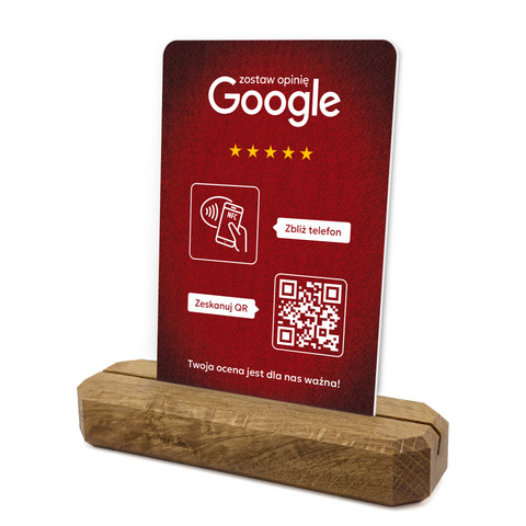 Stojak, prezenter z QR i NFC do zbierania opinii w Google, podstawa drewniana, czerwony, wzór 2