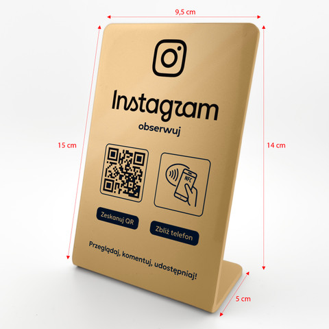 Stojak, prezenter gięty z QR i NFC do pozyskiwania obserwujących Instagram, złoty, wzór 1