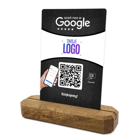 Stojak, metalowa karta z QR i Twoim logo do zbierania opinii w Google, podkład dębowy, czarna