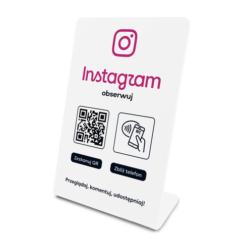 Stojak, prezenter gięty z QR i NFC do pozyskiwania obserwujących Instagram, biały, wzór 1