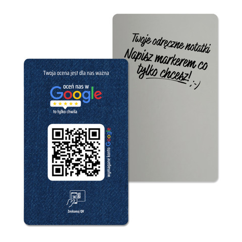Mała metalowa karta z QR do zbierania opinii w Google, wizytówka, niebieska