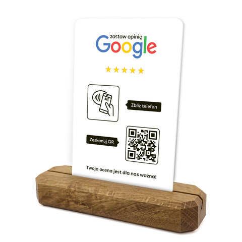 Stojak, prezenter z QR i NFC do zbierania opinii w Google, podstawa drewniana, biały, wzór 2