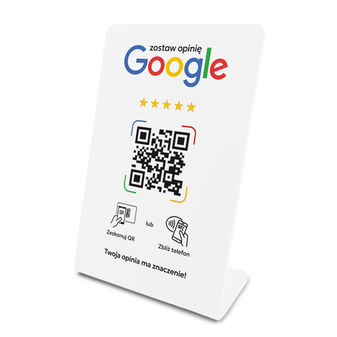 Stojak, prezenter gięty z QR i NFC do zbierania opinii w Google, biały, wzór 4