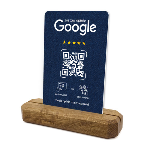 Stojak, prezenter z QR i NFC do zbierania opinii w Google, podstawa drewniana, niebieski, wzór 4