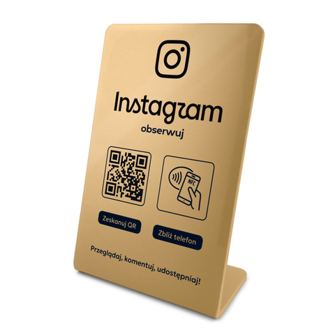 Stojak, prezenter gięty z QR i NFC do pozyskiwania obserwujących Instagram, złoty, wzór 1