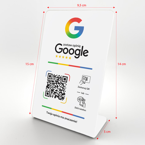 Stojak, prezenter gięty z QR i NFC do zbierania opinii w Google, biały, wzór 4