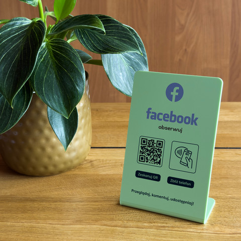 Stojak, prezenter gięty z QR i NFC do pozyskiwania obserwujących Facebook, oliwkowy, wzór 1
