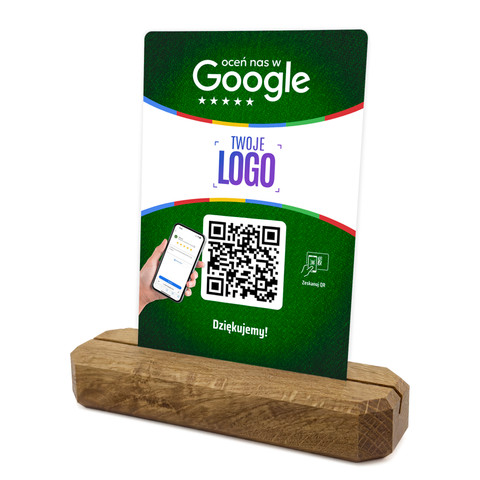 Stojak, metalowa karta z QR i Twoim logo do zbierania opinii w Google, podkład dębowy, zielona