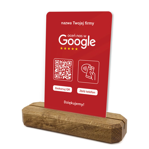 Stojak, prezenter z QR i NFC do zbierania opinii w Google, nazwa firmy, podkład dębowy, czerwony
