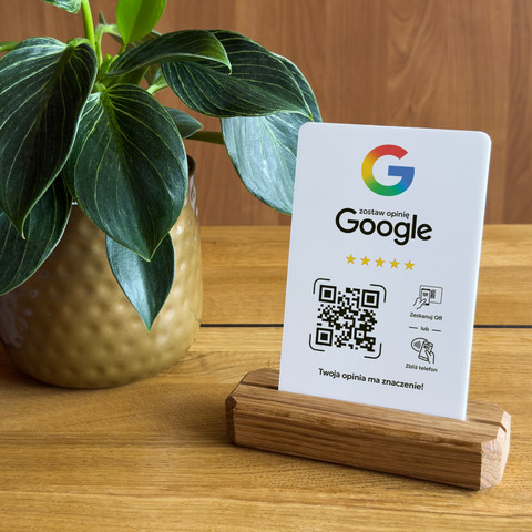 Stojak, prezenter z QR i NFC do zbierania opinii w Google, podstawa drewniana, biały, wzór 3