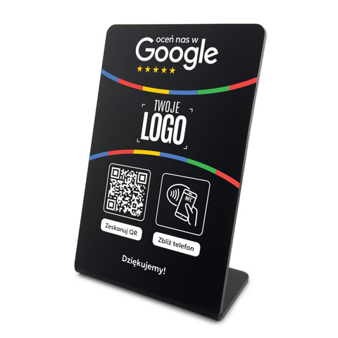 Stojak, prezenter gięty z QR, NFC i logo firmy do zbierania opinii w Google, czarny, wzór 1