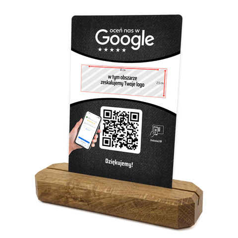 Stojak, metalowa karta z QR i Twoim logo do zbierania opinii w Google, podkład dębowy, czarna