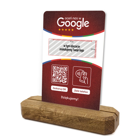 Stojak, prezenter z QR, NFC i logo firmy do zbierania opinii w Google, podkład dębowy, czerwony