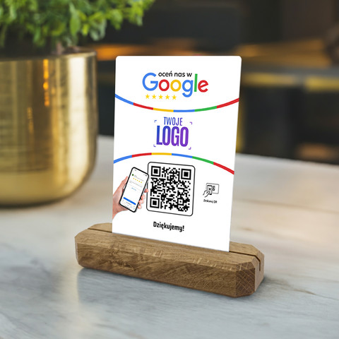 Stojak, metalowa karta z QR i Twoim logo do zbierania opinii w Google, podkład dębowy, biała