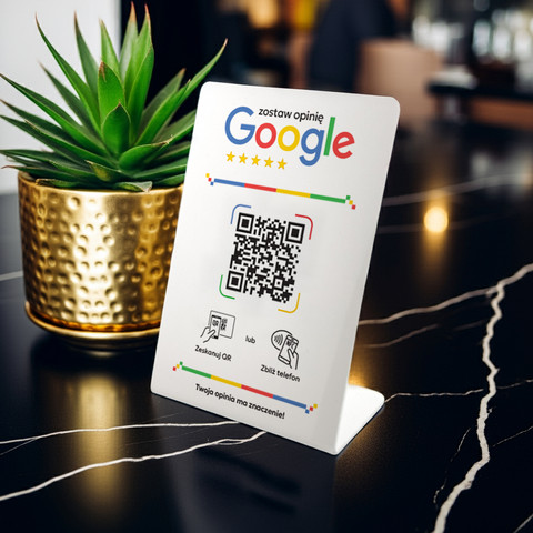 Stojak, prezenter gięty z QR i NFC do zbierania opinii w Google, biały, wzór 3