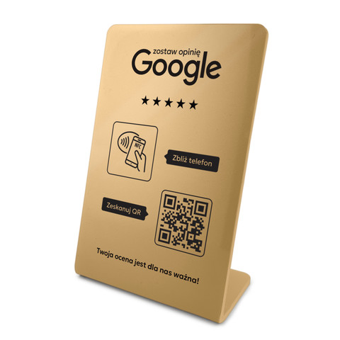 Stojak, prezenter gięty z QR i NFC do zbierania opinii w Google, złoty, wzór 2