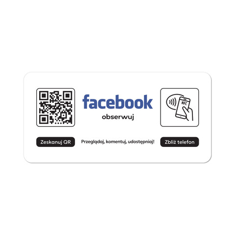 Tabliczka na drzwi lub ścianę z kodem QR i tagiem NFC do pozyskiwania obserwujących Facebook, biała
