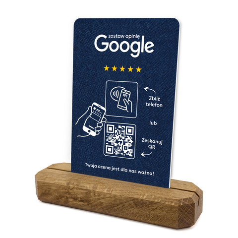 Stojak, prezenter z QR i NFC do zbierania opinii w Google, podstawa drewniana, niebieski, wzór 1